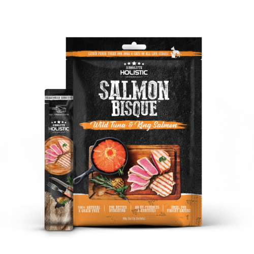 [斷貨中, 未有返貨日期, 可預訂等貨到]  Absolute Holistic 60g Salmon Bisque ((Wild Tuna & King Salmon)) 貓狗小食 無穀物高級濃湯肉泥 吞拿魚+三文魚 (12克X5獨立包裝) (AH4037) 